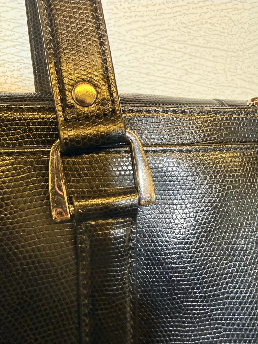 Diane Von Furstenberg Black Textured Leather Tote with Silver Buckles